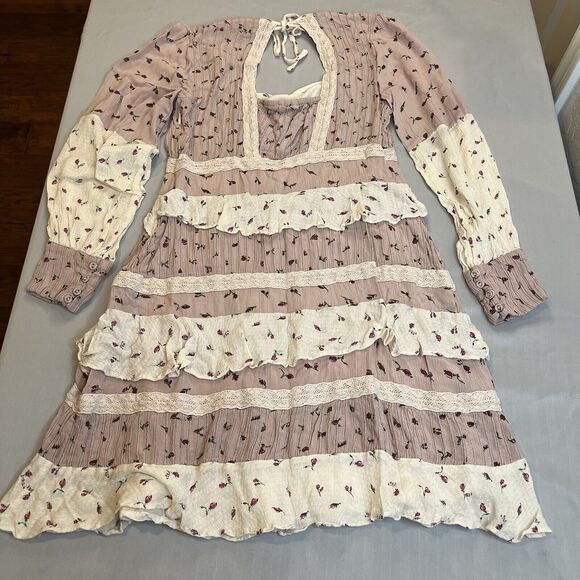 Anthropologie Seen Worn Kept Dress Small Ruffles Long Sleeve Open Floral Pink - Picture 6 of 16